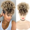 LEOSA Wig Afro Puff Drawstring Ponytail Bun with Bangs Heat Resistant Synthetic Short Kinky Curly Ponytail Updo Hair Extensions with Two Clips,Natural looking Curly Women Hairpieces (#4/613) …