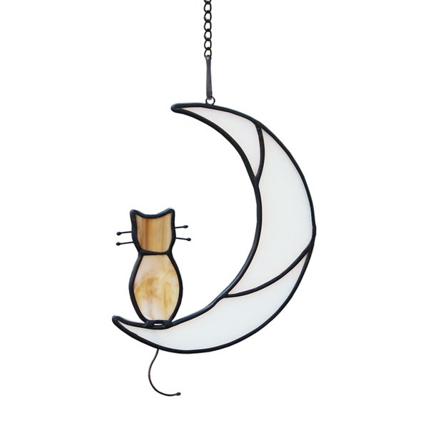HAOSUM Orange Tabby Cat On Moon Stained Glass Window Hangings,Tabby Cat Decoration suncatcher Hanging Ornament Gift for Mom,Cat Memorial Gifts for Cat Lovers, Pet Loss Sympathy Gift (Yellow)
