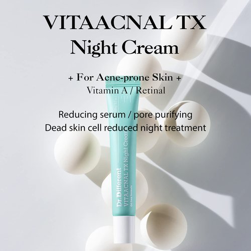 Dr. Different VITAACNAL TX Night Cream for Face - Soothing & Nourishing Retinal Sebum Control Night Cream For Acne-Prone Skin - Blackheads Care Oil-Free Treatment Removes Dead Skin Cells 0.7oz.