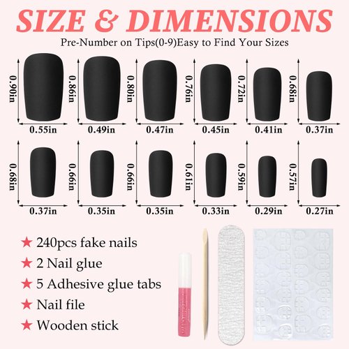 LuckForever 240pc Matte Square Press on Nails Medium Glue on Nails Black Fake Nails Medium Square Acrylic Nails Press on Nails Full Cover Artificial False Fingernails with Nail Glue Adhesive Tabs