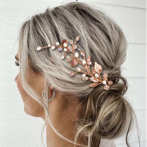 EASEDAILY Bride Wedding Hair Vine Rose Gold Leaf Crystal Bridal Hair Pieces Pearl Headpieces Rhinestone Hair Accessories for Women and Girls
