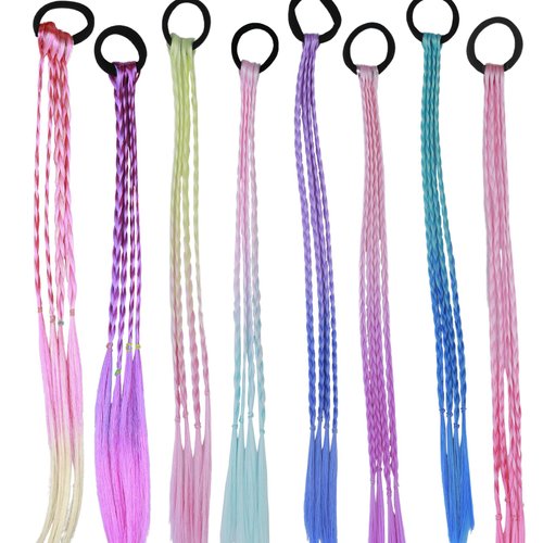 8 Pcs Color Braids Hair Extensions Girls Hairpieces Ponytail with Rubber Bands for Kids Colorful Synthetic Party Hair Accessories
