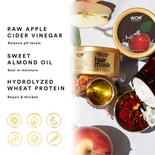 WOW Skin Science Apple Cider Vinegar Hair Mask - Deep Conditioner with Argan Oil, Anti-Dandruff, Anti-Frizz, Smoothing & Strengthening Hair Masque, Restore Shine & Volume - All Hair Types - 200 ml