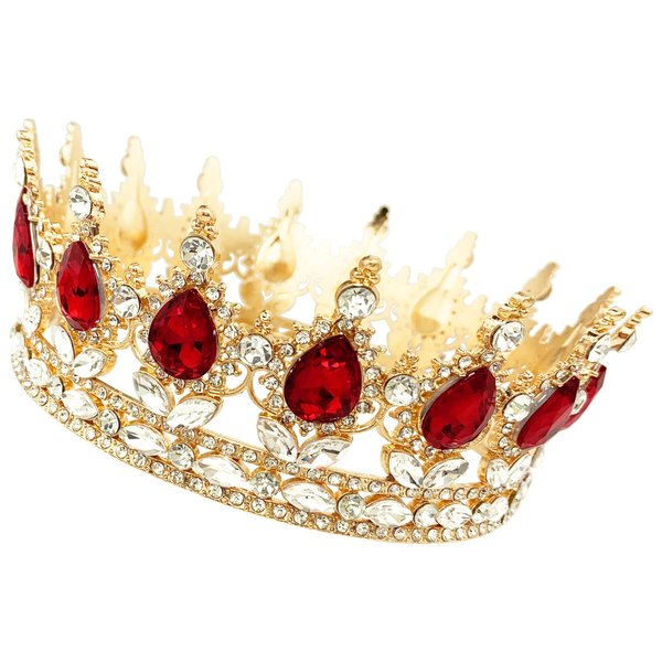 PrettyLife Crystal Baroque Queen Crown Rhinestone Bridal Wedding Tiaras and Crown Costume Birthday Party Hair Accessory for Women Girls (Red)