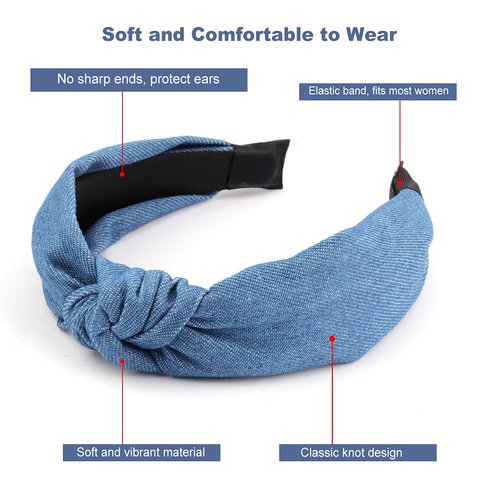 TOBATOBA Denim Headbands for Women Knotted Headbands for Women Blue Jean Hair Band Wide Head Bands No Slip Fashion for Women Top Knot Headband Boho Turban Headbands Elastic Headbands for Women Girls