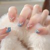 Blue French Press on Nails Medium with Pearl Design Cute Ballet Shaped False Nails Artificial Acrylic Coffin Nails Full Cover Reusable Fake Nails Nature Fit Stick on Nails Glue on Nails for Women
