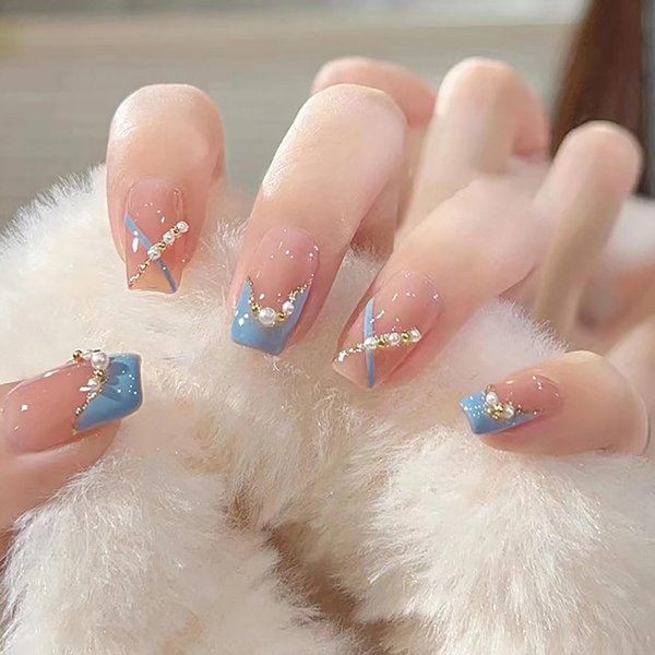 Blue French Press on Nails Medium with Pearl Design Cute Ballet Shaped False Nails Artificial Acrylic Coffin Nails Full Cover Reusable Fake Nails Nature Fit Stick on Nails Glue on Nails for Women