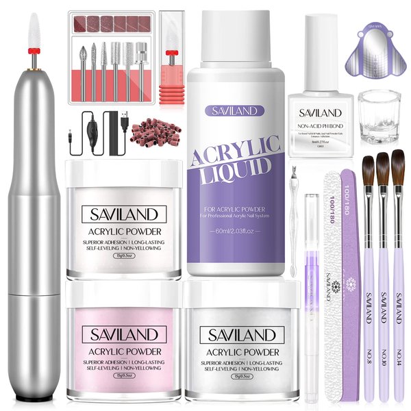 SAVILAND Acrylic Nail Kit with Drill: Clear/Pink/White Beginner Nail Kit Acrylic Set, Professional Acrylic Powder and Liquid Set Cuticle Oil for Nail Extension Home DIY Easy to Use Acrylic Kit
