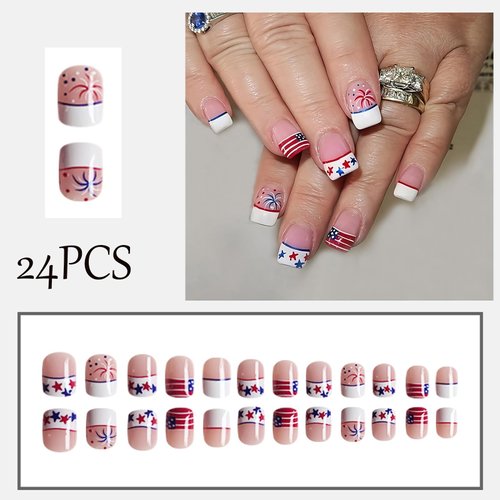 24Pcs White French Tip Press on Nails Short Square Fake Nails Independence Day Glue on Nails 4th of July American Flag Star Firework Tip Design False Nails Patriotic Glossy Artificial Nails for Women