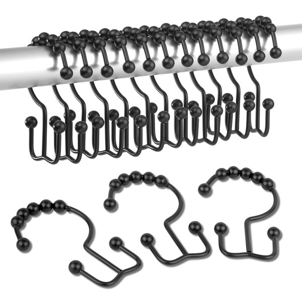 DAWNER Shower Curtain Hooks Rings, Rust Proof Hooks, Metal Easy Glide Double Shower Rings Hooks, Stainless Steel Shower Curtain Hangers for Bathroom Shower Curtains, Set of 12 Hooks, Matte Black