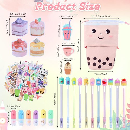 Sabary 228 Pcs Kawaii Stationary Set Include Telescopic Boba Pencil Pouch Case Bag Gel Ink Pen Sticky Note Bubble Tea Sticker Pill Highlighter Stationary Cute School Supplies for Christmas(Vivid)