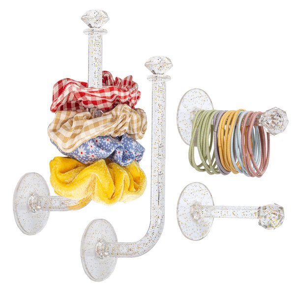 QUPIVA 4Pcs Headband Holder Stand Scrunchie Organizer, Girls Hair Accessories Organizer Storage for Headband Hairband Hair Ties, Clear Glitter Adhesive Scrunchy Holder Scrunchie Storage