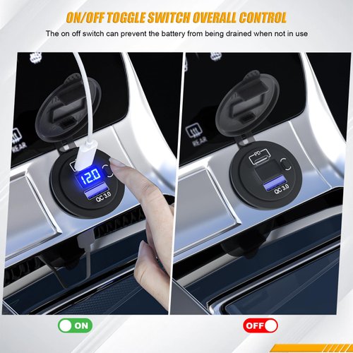 Okerny Type-C PD Charger Socket + USB QC 3.0 Charger + Voltmeter with Waterproof Cover 12V/24V Blue Led for Rocker Switch Switch Panel On Marine Boat Rv Vehicles Motorcycle (Round)