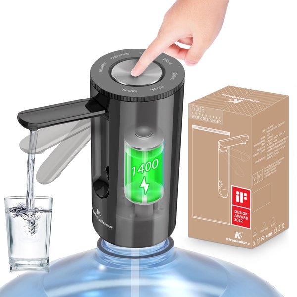 Universal Water-Bottle Pump Dispenser 5-Gallon: KitchenBoss Foldable Automatic Water Bottle Pump, Portable Electric Drinking Water Pump USB Charging 1-5 Gallon Water Bottle Switch,Onyx Black