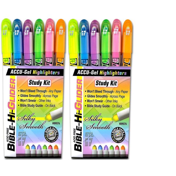 G.T. Luscombe Company, Inc. Accu-Gel Bible-Hi-Glider Bible Study Set | Precise Tip Size | No Bleed Solid Gel Highlighter | No Smearing or Fading | Long Lasting Bright Colors (Set of 6) – 2 Sets
