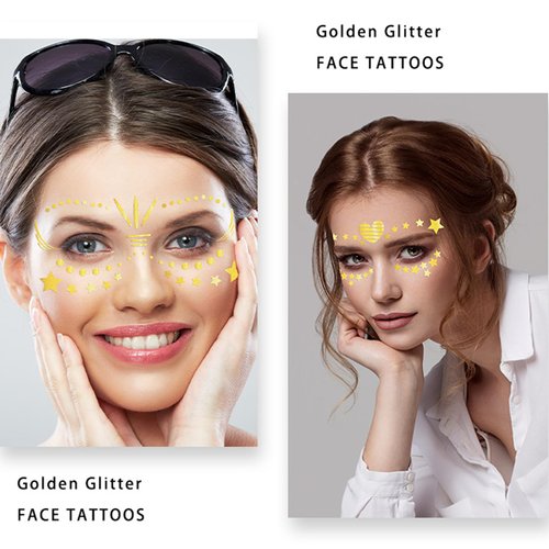 Gold Temporary Tattoos for Women Festivals Parties Fake Tattoo Stickers 10 Sheets Freckle Sticker Face Glitter Waterproof Face Decals Body Art Decoration Supplies