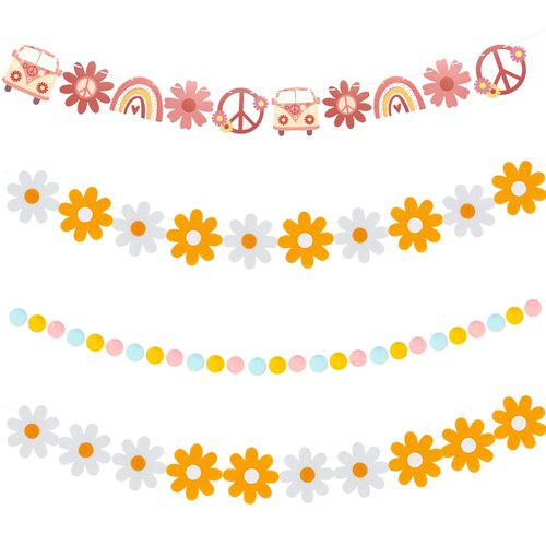 Groovy Party Decorations,4PCS Daisy Party Decorations,Hippie Boho Garland and Felt Ball Garland,Spring Daisy Party Supplies for Wall Window Home Room Decorations