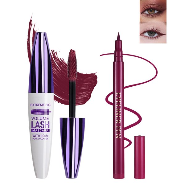 Burgundy Waterproof Mascara & Eyeliner, 5D Silk Fiber Lash Extensions Colored Tubing Mascara Volume and Length,Long-Lasting Smudge-Proof Voluminous Colorful Mascara & Liquid Eyeliner Pen Set for Women