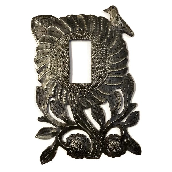 Decorative Rocker Switch Plate Cover, Sunflower Theme with Branches and Birds, Spring Home Decorations, Handmade in Haiti from Recycled Steel Barrels (Rocker)