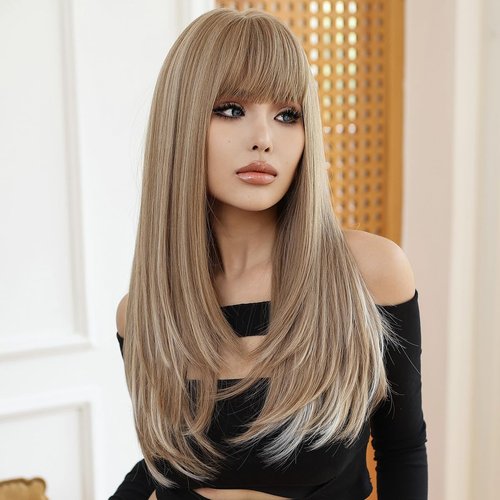 PATTNIUM Long Blonde Wig with Bangs Ash Blonde Long Wigs for Women Long Straight Mixed Blonde Wig Heat Resistant Synthetic Wigs for Daily Party