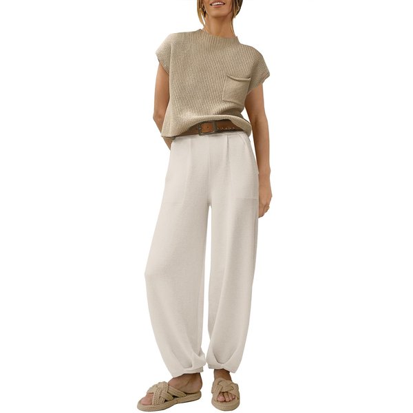 ANRABESS Women's Two Piece Outfits Sweater Sets Knit Pullover Casual Baggy Pants Tracksuit Matching Sets Loungewear 2024 Summer Fashion Clothes Sweat Set Beach Travel 953qiankaqi-M