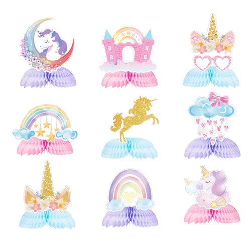 Chilfamy Unicorn Birthday Decorations, 9Pcs Rainbow Unicorn Honeycomb Centerpieces Party Table Decors for Kids Girls Baby Shower Birthday Party Supplies