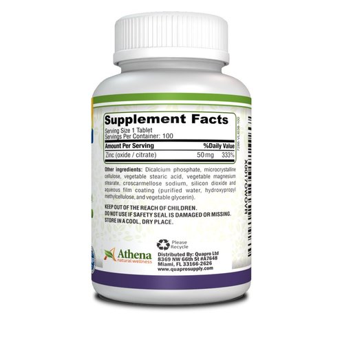 Athena - Zinc Supplement Tablets 50mg - Oxide/Citrate - 100 Coated Tablets