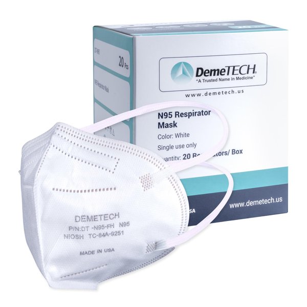 DemeTECH NIOSH N95 Respirator Face Mask, Fold-Style with Headbands, Made in USA, 20 Qty