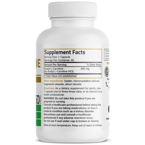 Bronson Acetyl L-Carnitine 500 MG High Potency Amino Acid Non-GMO, 60 Capsules