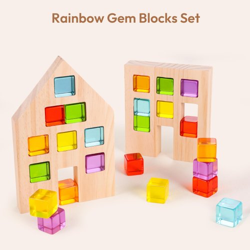 Woodtoe Wooden Building Blocks Set for Kids, 24 PCS Rainbow Gem Cubes Stacking Blocks - 2 Wood House, Montessori Stacking Toy for Toddlers, Educational STEM Birthday Toy for Boys Girls 3-6