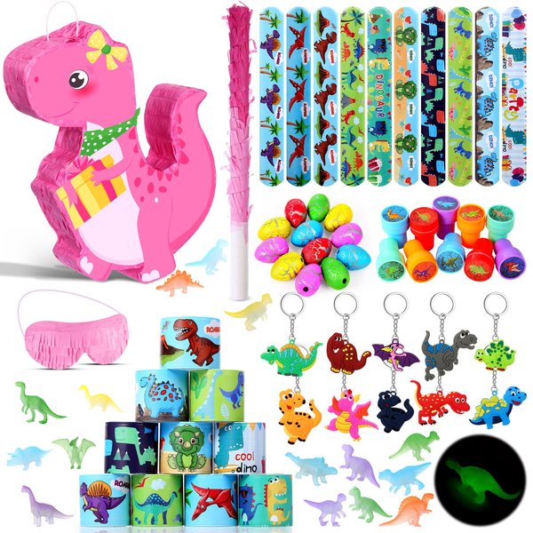Pasimy 107 Pcs Dinosaur Piñata Set Dino Piñata Dinosaur Piñata Decoration 16.5 x 11.8 x 3.1 Inch Green Dinosaur Birthday Piñata with Stick Blindfold for Dinosaur Theme Party Favors(Pink,Cute)