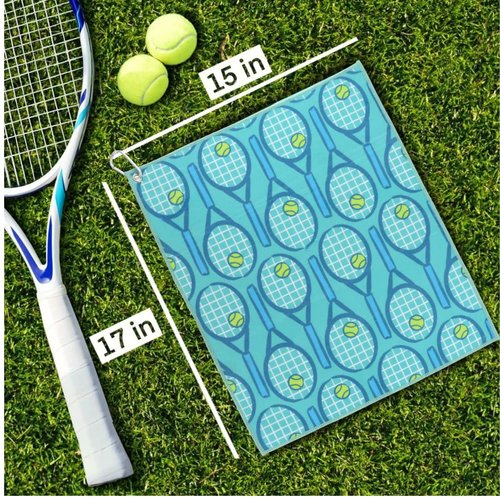 Millie Rose Tennis Towels in Multi Fashion Prints - Soft Microfiber Cotton 15x17 inch Tennis Towels with Carabiner Clip - Tennis Gifts (Blue & Green Tennis Racket)