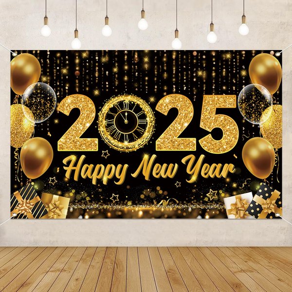 Happy New Year Backdrop New Year Party Banner Decorations Gold Balloons Happy New Year's Eve Banner Happy New Years Party Supplies 70.8 x 43.3 Inch
