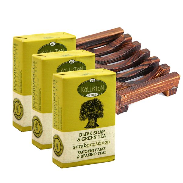 Greek olive soap scrub with green tea extract, all natural ingredients, made in Crete, Greece, Pack of 4