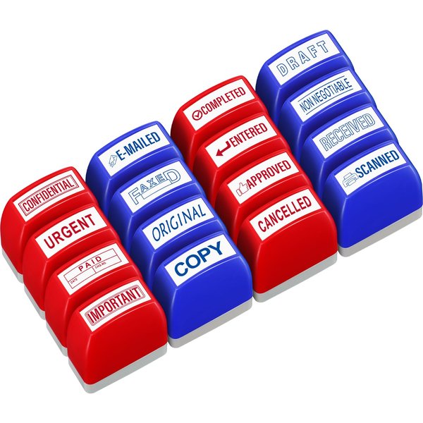 Crtiin 16 Pcs Office Stamp Set Message Self Inking Rubber Stamp Set for Office Stamps Completed Faxed Scanned Stamps for Office Message Supplies (Red, Blue)