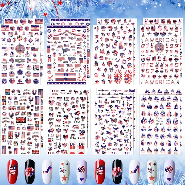 16 Sheets 4th of July Patriotic Nail Art Stickers Independence Day Nail Decals American Flag DIY Self-Adhesive Nail Stickers Memorial Day Butterfly Heart Shape Nail Wraps