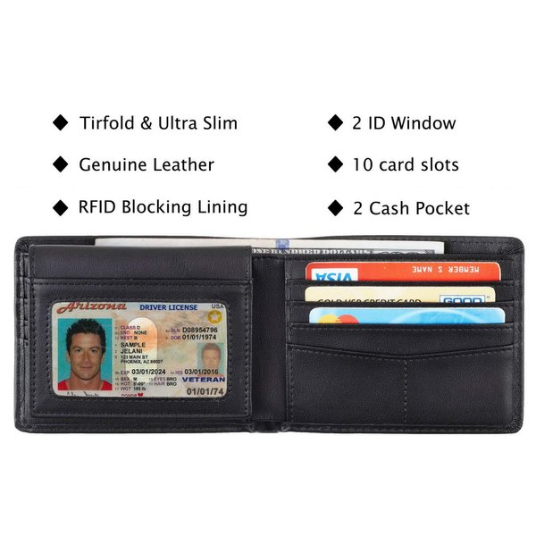 Travelambo Genuine Leather RFID Blocking Wallets Mens Wallet Bifold Classic (2 ID Window Napa Black Updated)