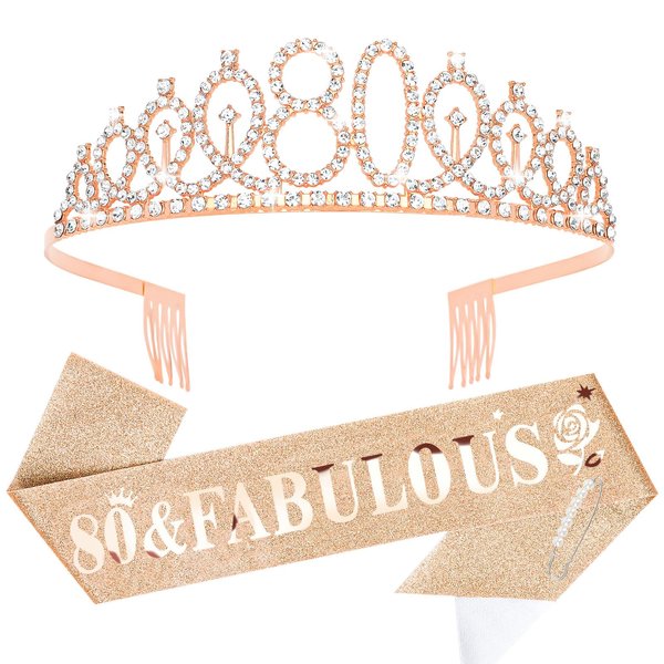 YARIEW 80th Rose Gold Crown + 80 & Fabulous Birthday Sash + Pearl Pin Set, 80th Birthday Sash and Tiara for Women, 80th Birthday Decorations for Women, Happy 80th Birthday Gifts for Women