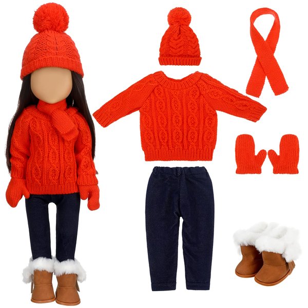 Bencailor Christmas 18 Inch Doll Clothes and Accessories Winter Doll Outfits Set Sweaters Trousers Hats Shoes for 18 Inch Doll Girls Gifts (Orange Red)