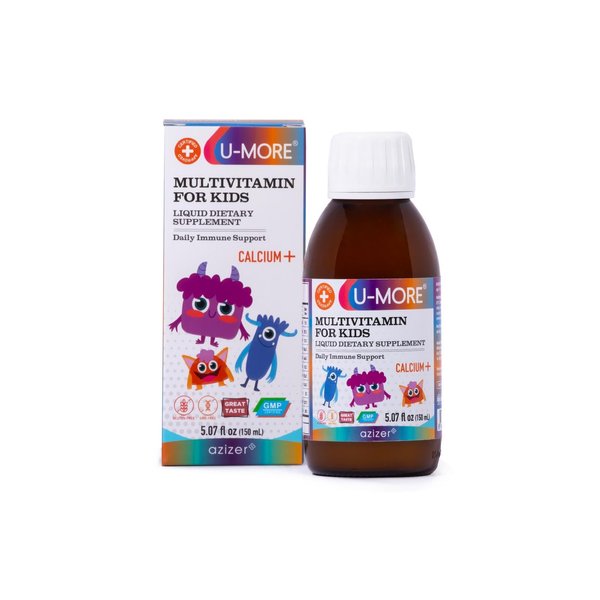 U-MORE Children's Multivitamin Syrup with Calcium, Vitamins C, B3, E, B5, Zinc, B2, B1, B6, A, D - Energy & Immune Support - 5.07 fl oz