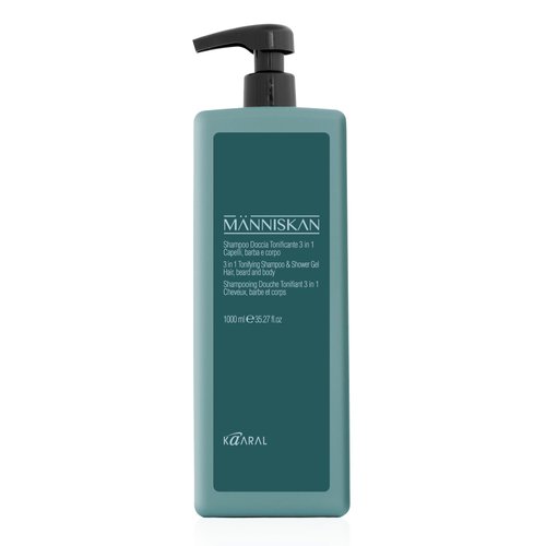 Kaaral Människan 3 in 1 Tonifying Shampoo & Shower Gel, 1000ml - Cleanse Hair, Beard, and Body with Zeolite and Red Sandalwood
