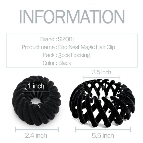 Sizobi 3Pcs Birds Nest Hair Clip, Hair Clips For Women, Expandable Hair Bun Maker Hair Accessories for Women Girls Adult, Ponytail Holders Hair Barrettes Scrunchies for Thin Thick Long Hair, Blcak