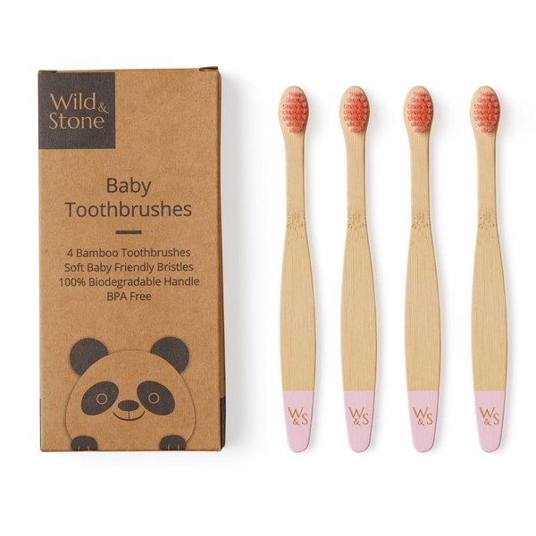Wild & Stone Organic Baby Bamboo Toothbrushes | 4 Pack | Soft Bristles | 100% Compostable Handle | BPA Free | Vegan Baby Toothbrushes (Baby Pink)