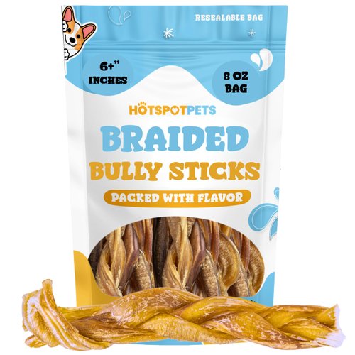 hotspot pets 6-Inch Braided Bully Sticks for Dogs – All-Natural, Long-Lasting Chews – Low Odor, Fully Digestible, High-Protein Treats – Rawhide-Free Dental Chews for Aggressive Chewers (8 Ounce)
