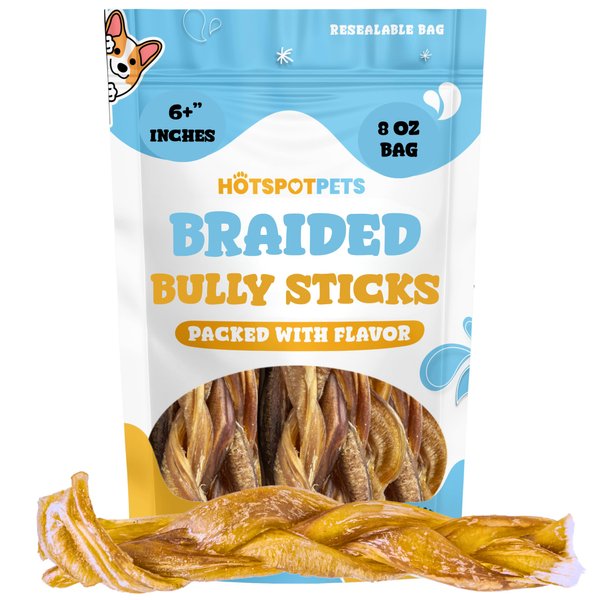 hotspot pets 6-Inch Braided Bully Sticks for Dogs – All-Natural, Long-Lasting Chews – Low Odor, Fully Digestible, High-Protein Treats – Rawhide-Free Dental Chews for Aggressive Chewers (8 Ounce)