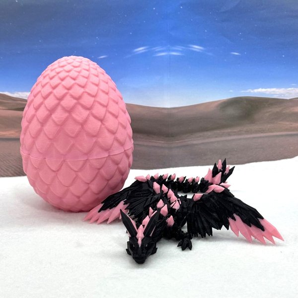 Crystal Winged Dragon with Egg, Articulated Dragon with Wings, 3D Printed Black and Pink Crystal Dragon, Fidget Stress Relief Toy Fidget ADHD Autism Toy CW003-PE