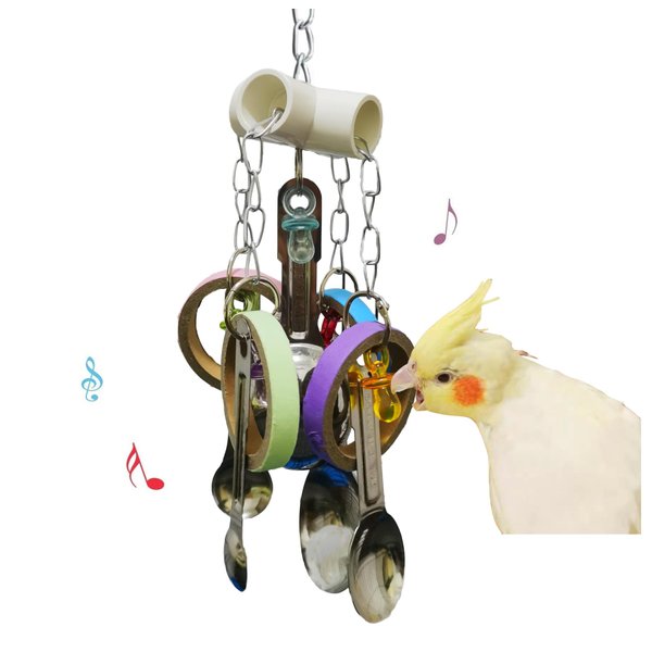JSLZF Bird Chew Toy for Parrot Durable Conure Scoop and Colorful Cardboard Bagel Toy Cockatiel Stainless Steel Spoon Ring Toy Parrot Cage Hanging Toy for Lovebirds, Parakeet