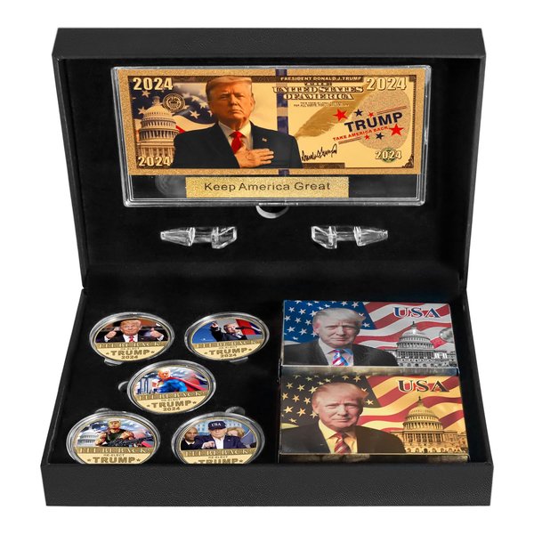 SW 5 PCS Trump 2024 Commemorative Coin, 24k Gold & Silver Playing Card for Collection,A Great Coin and Poker Collecting Gifts for Husband, Father, Friends,Fans，Father's Day and More.(Gold&Silver)