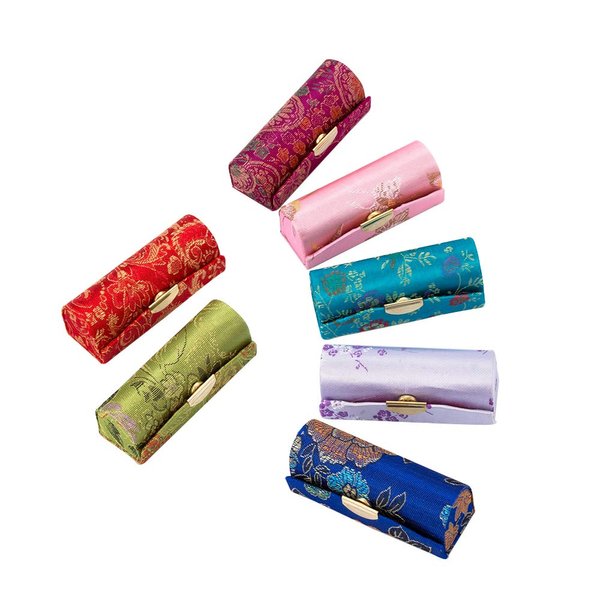 Leadigol 7PCS Ladies Lipstick Case,Floral Lipstick Case Holder with Mirror, Silky Satin Fabric Lipstick Box Cosmetic Storage Kit Embroidered Gift Pouch
