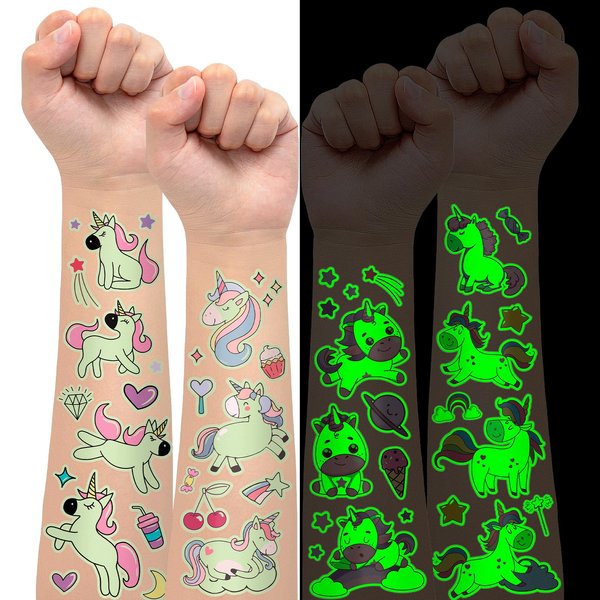 EMOME 140+ Styles Luminous Kids Tattoos, Temporary Tattoo Stickers Waterproof for Boys and Girls, Children Glow Party Favors Supplies Games (Unicorns)